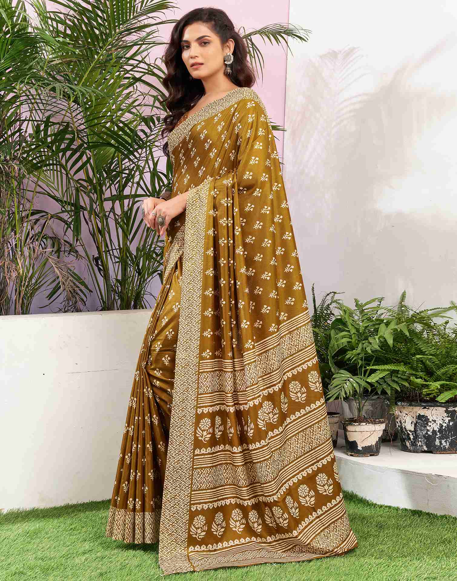 Mustard Yellow Silk Printed Saree