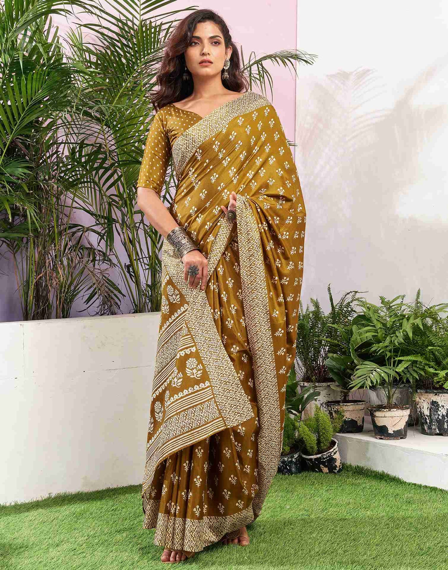 Mustard Yellow Silk Printed Saree