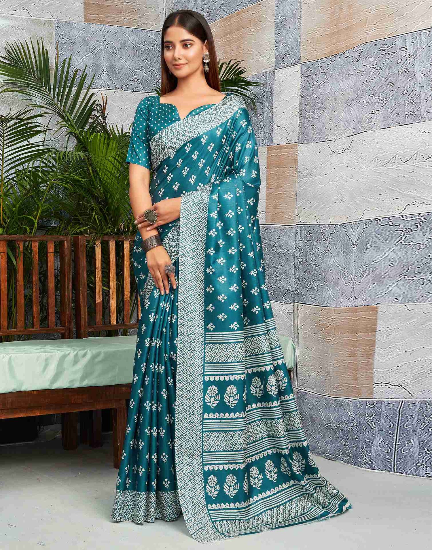 Teal Blue Silk Printed Saree