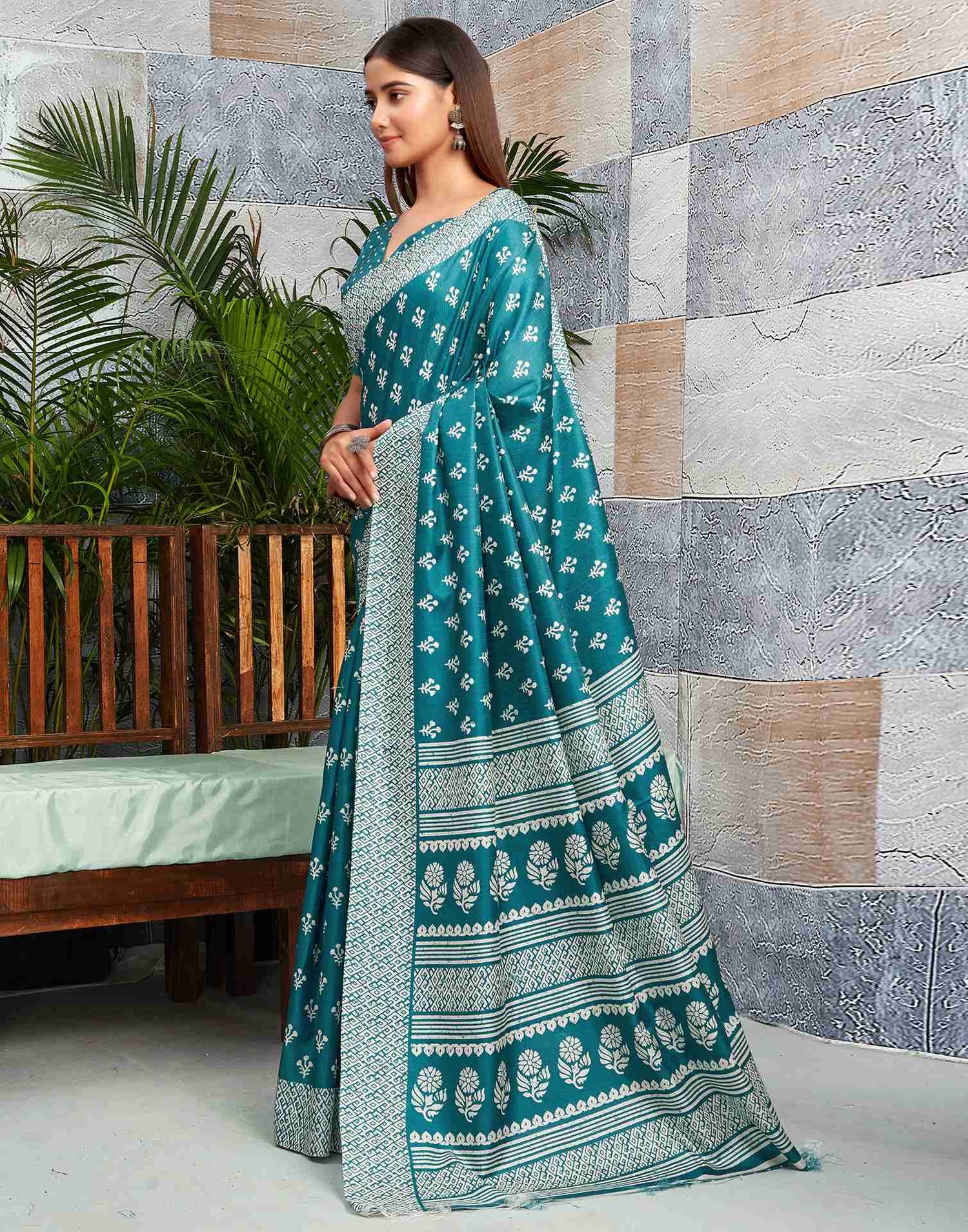 Teal Blue Silk Printed Saree