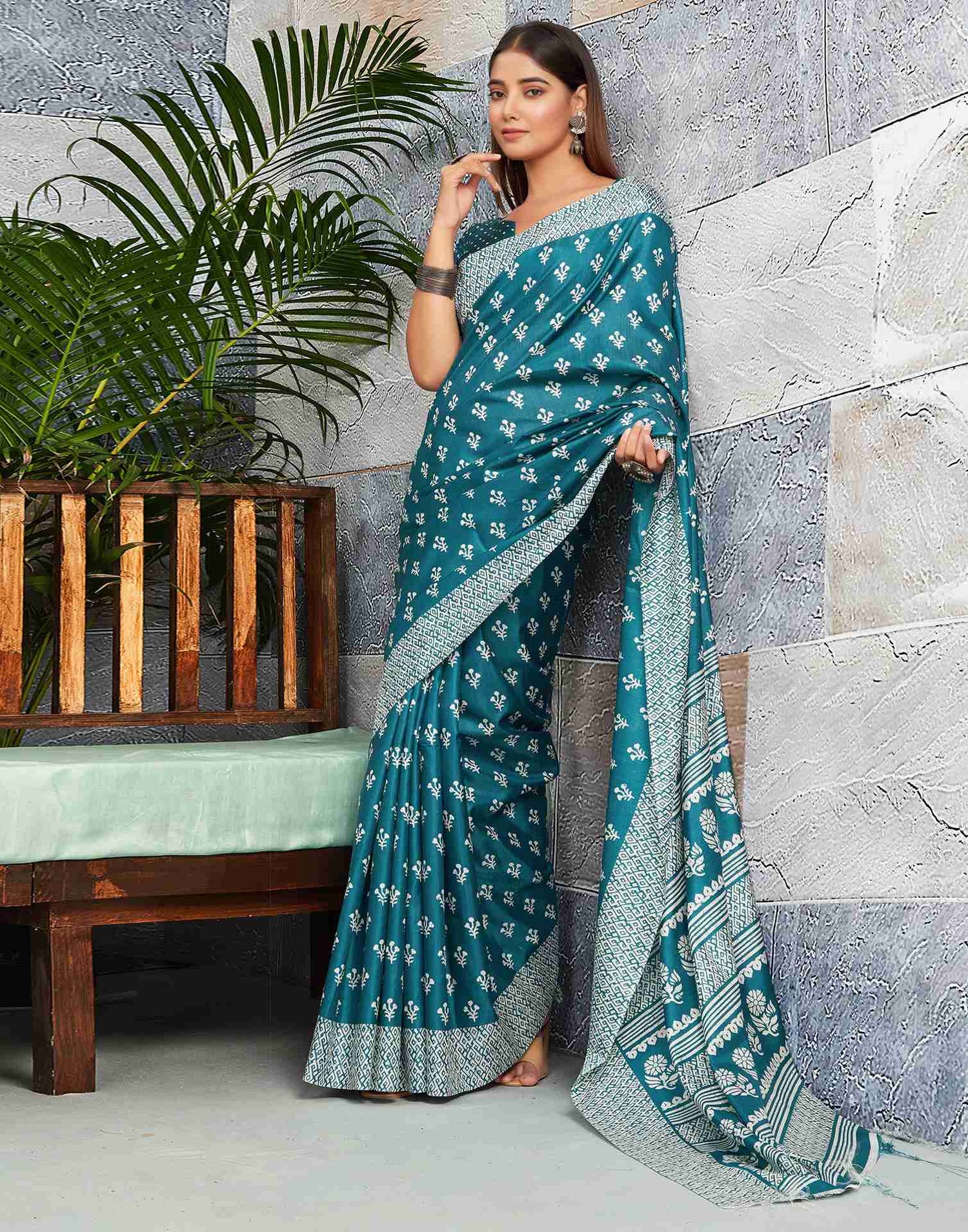 Teal Blue Silk Printed Saree