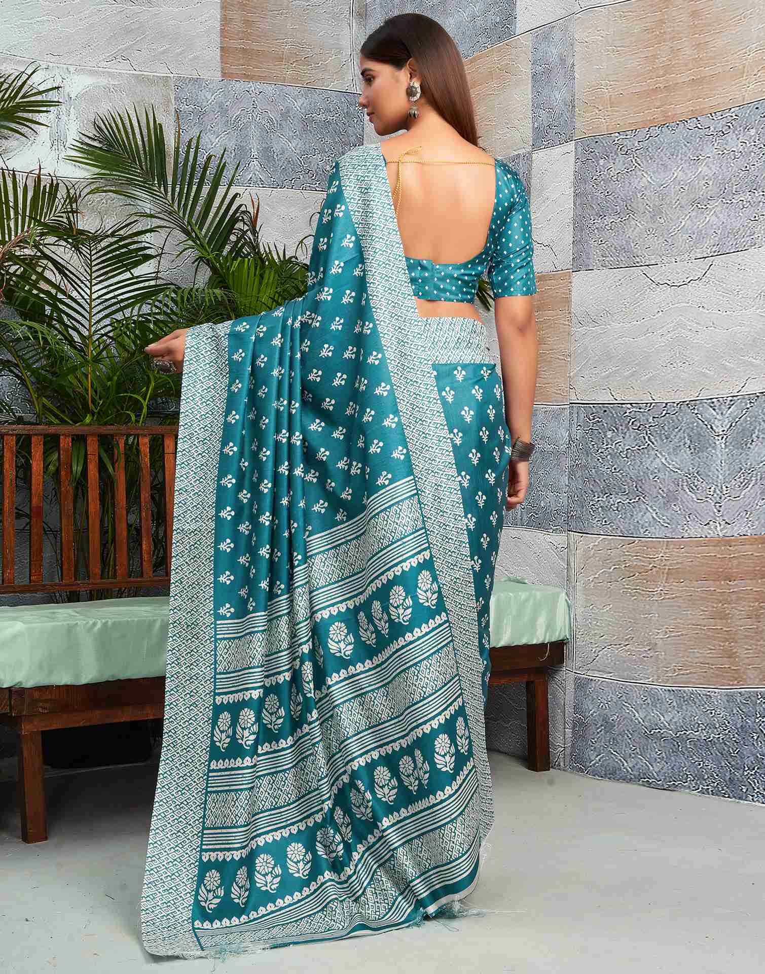 Teal Blue Silk Printed Saree