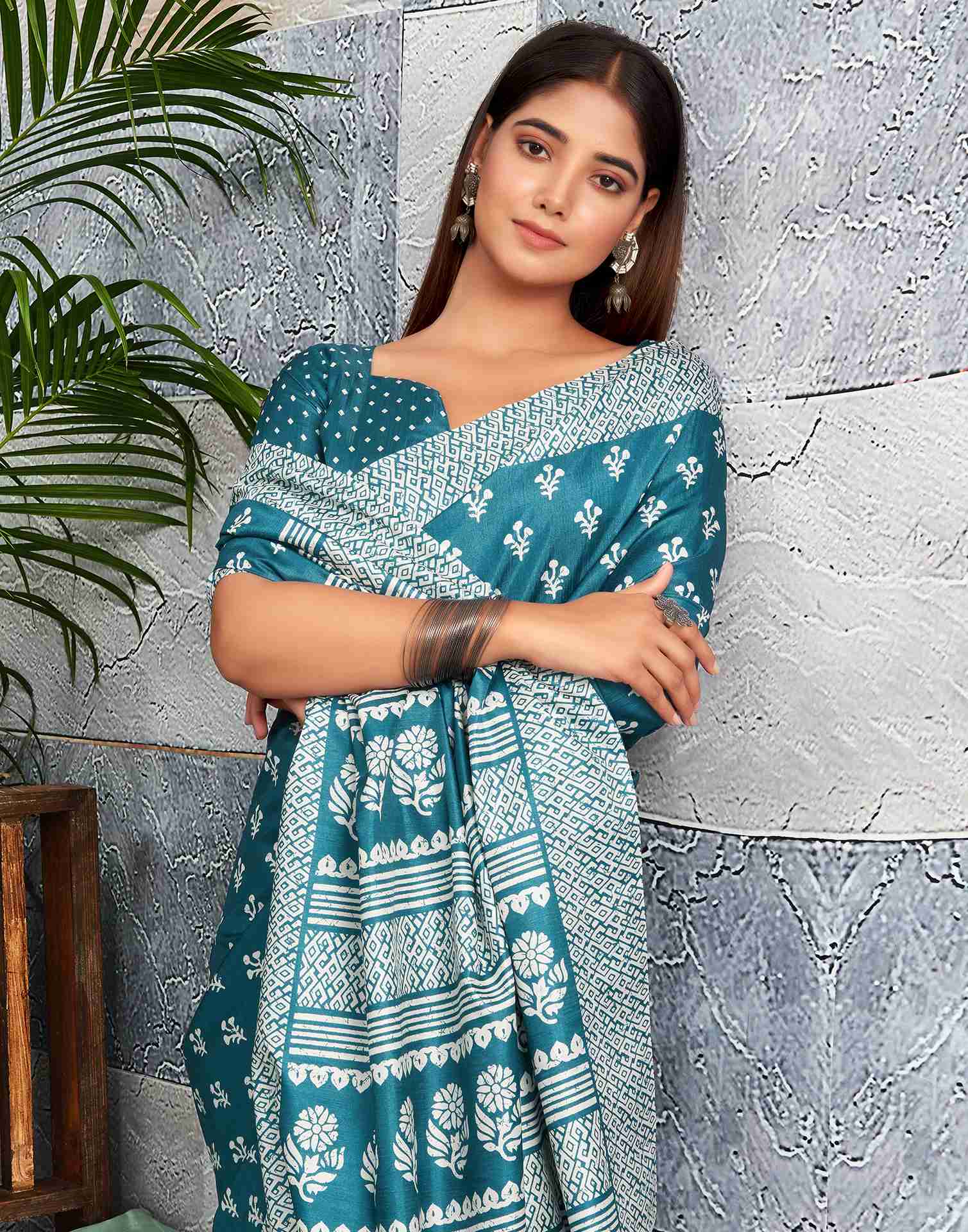 Teal Blue Silk Printed Saree