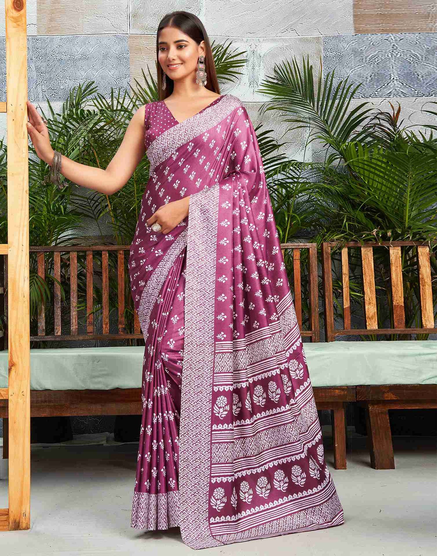 Rouge Pink Silk Printed Saree