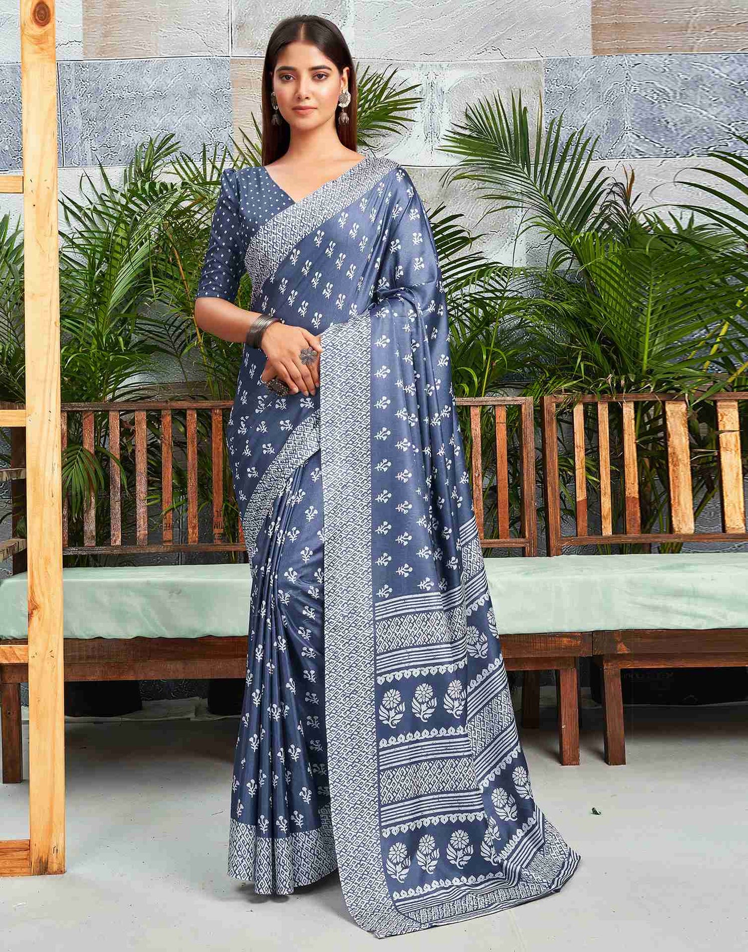 Dusty Blue Silk Printed Saree