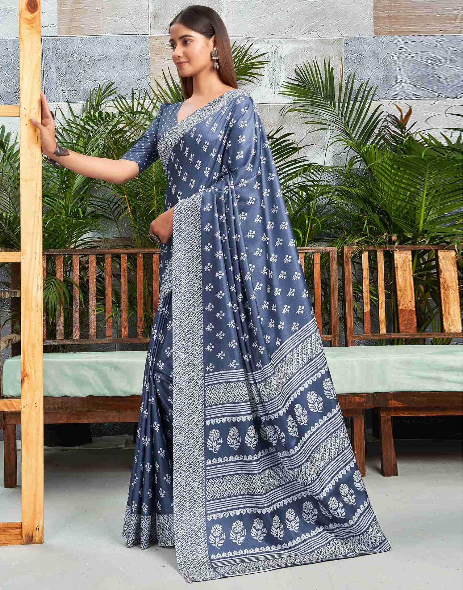 Dusty Blue Silk Printed Saree