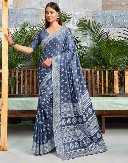 Dusty Blue Silk Printed Saree