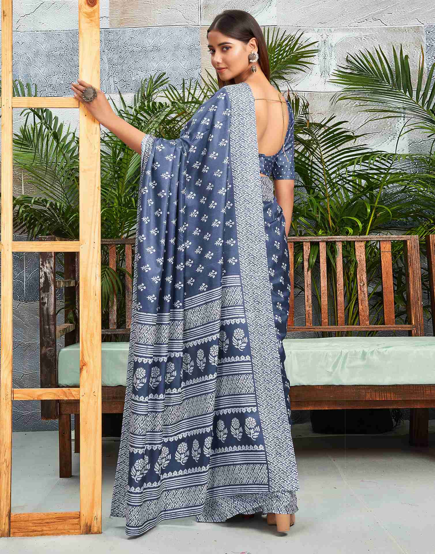 Dusty Blue Silk Printed Saree