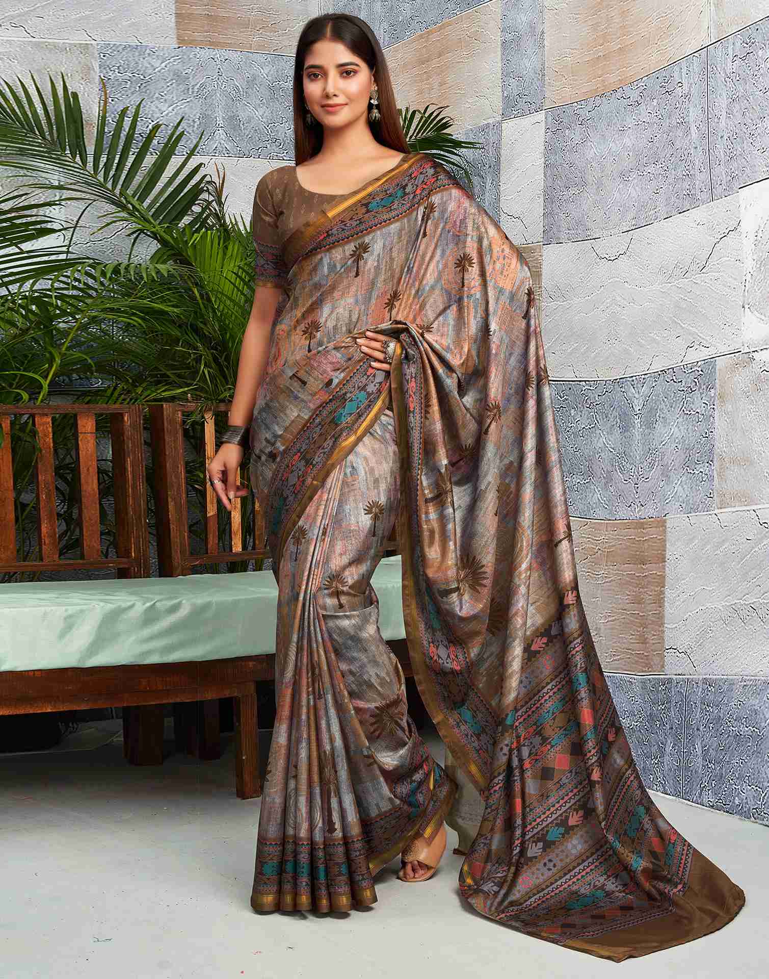 Brown Silk Printed Saree