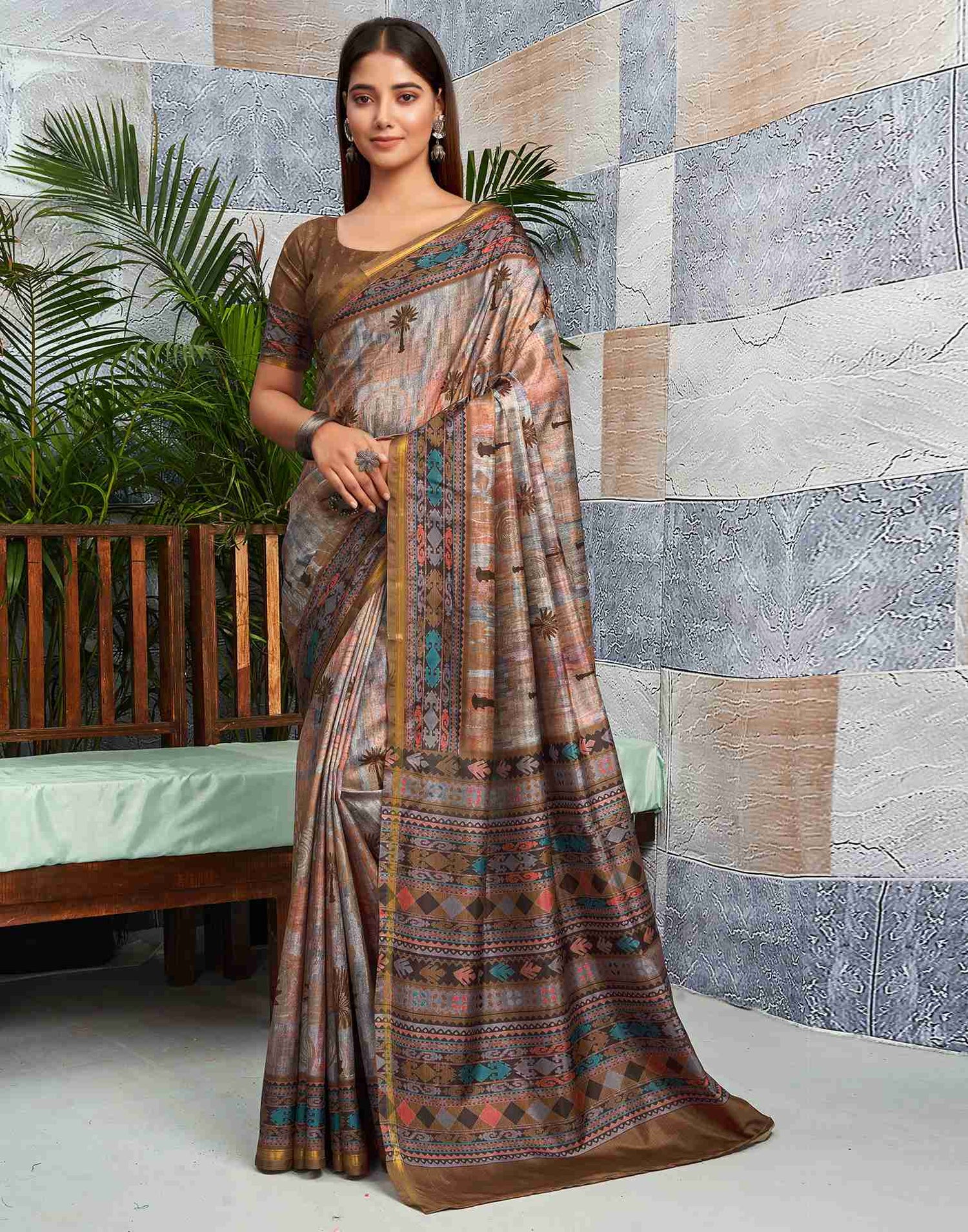 Brown Silk Printed Saree