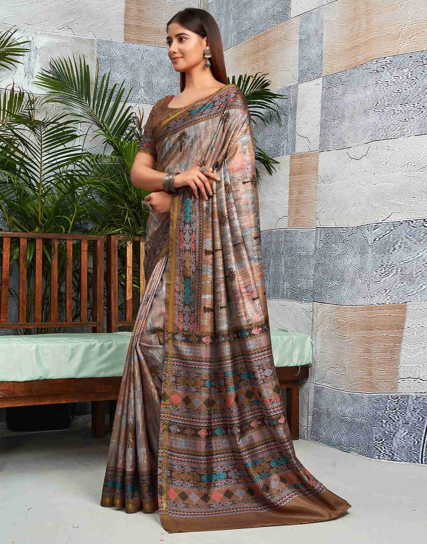 Brown Silk Printed Saree