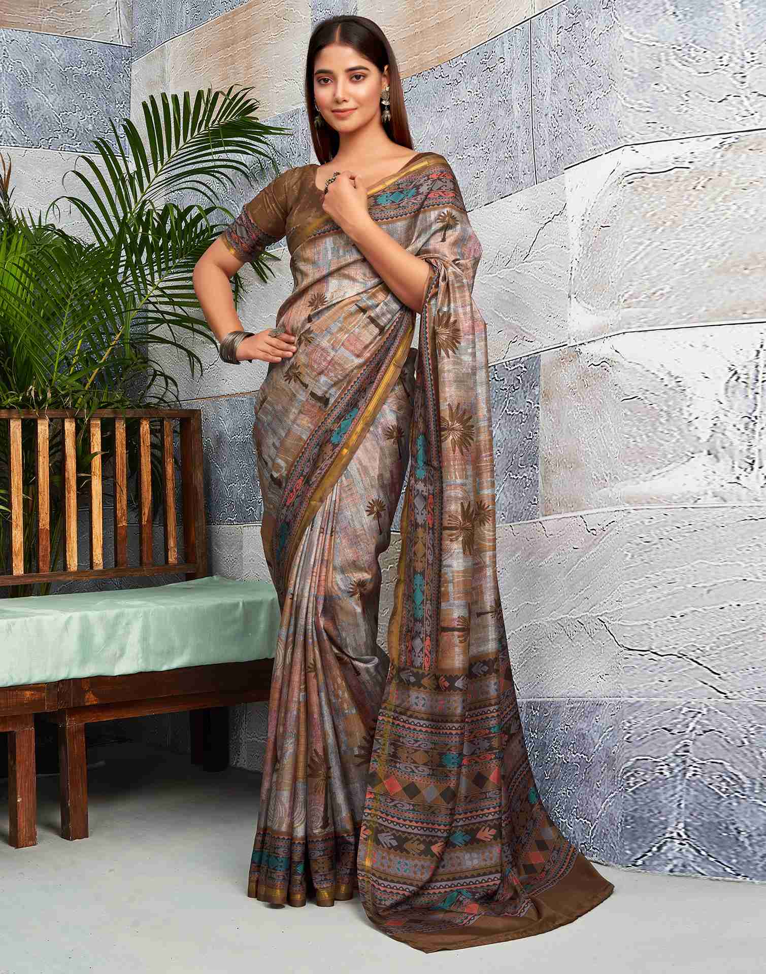 Brown Silk Printed Saree