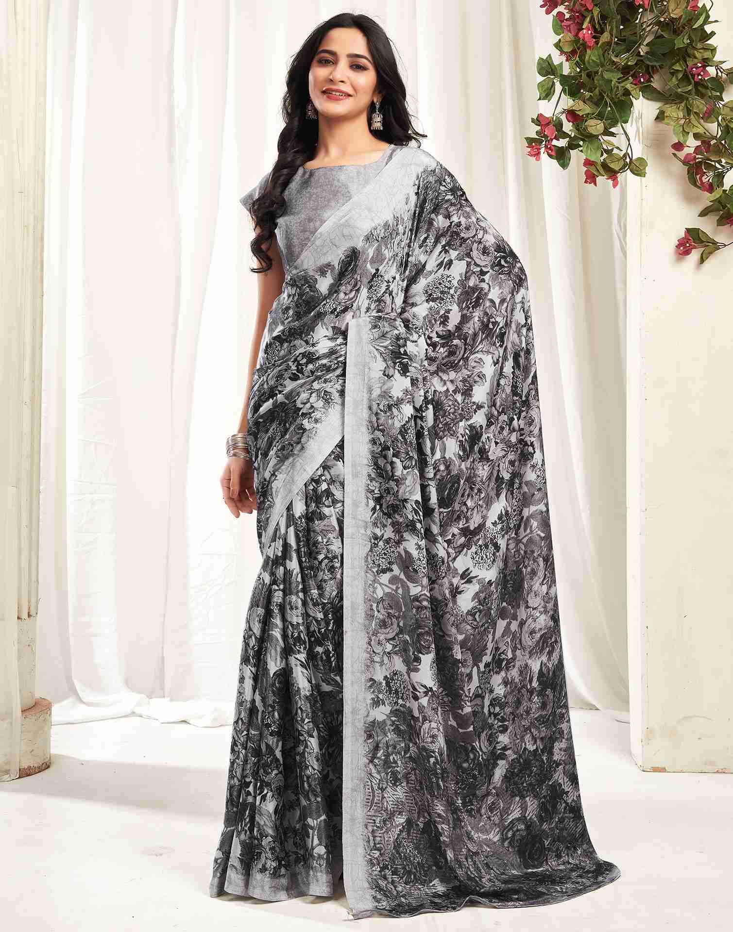 Grey Silk Printed Saree