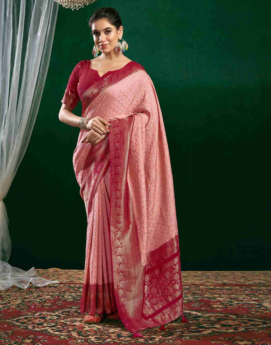 Light Rose Pink Georgette Woven Banarasi Saree