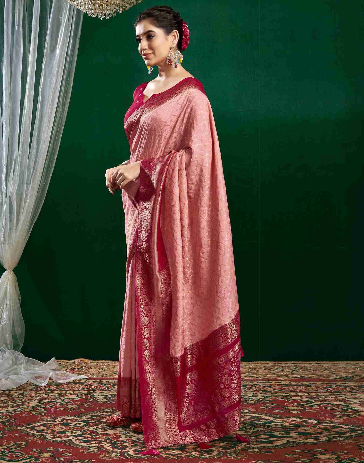 Light Rose Pink Georgette Woven Banarasi Saree