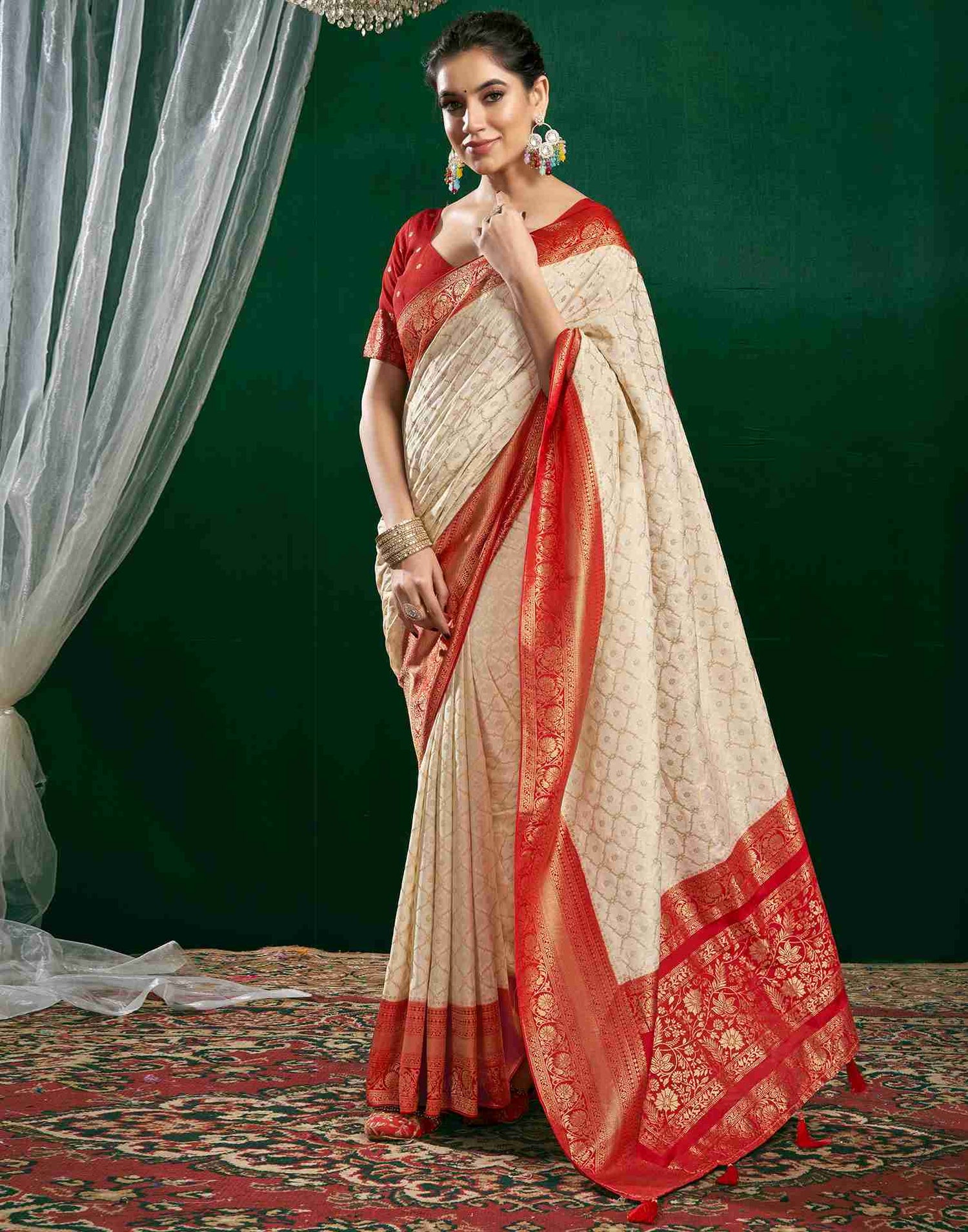 Cream Georgette Woven Banarasi Saree