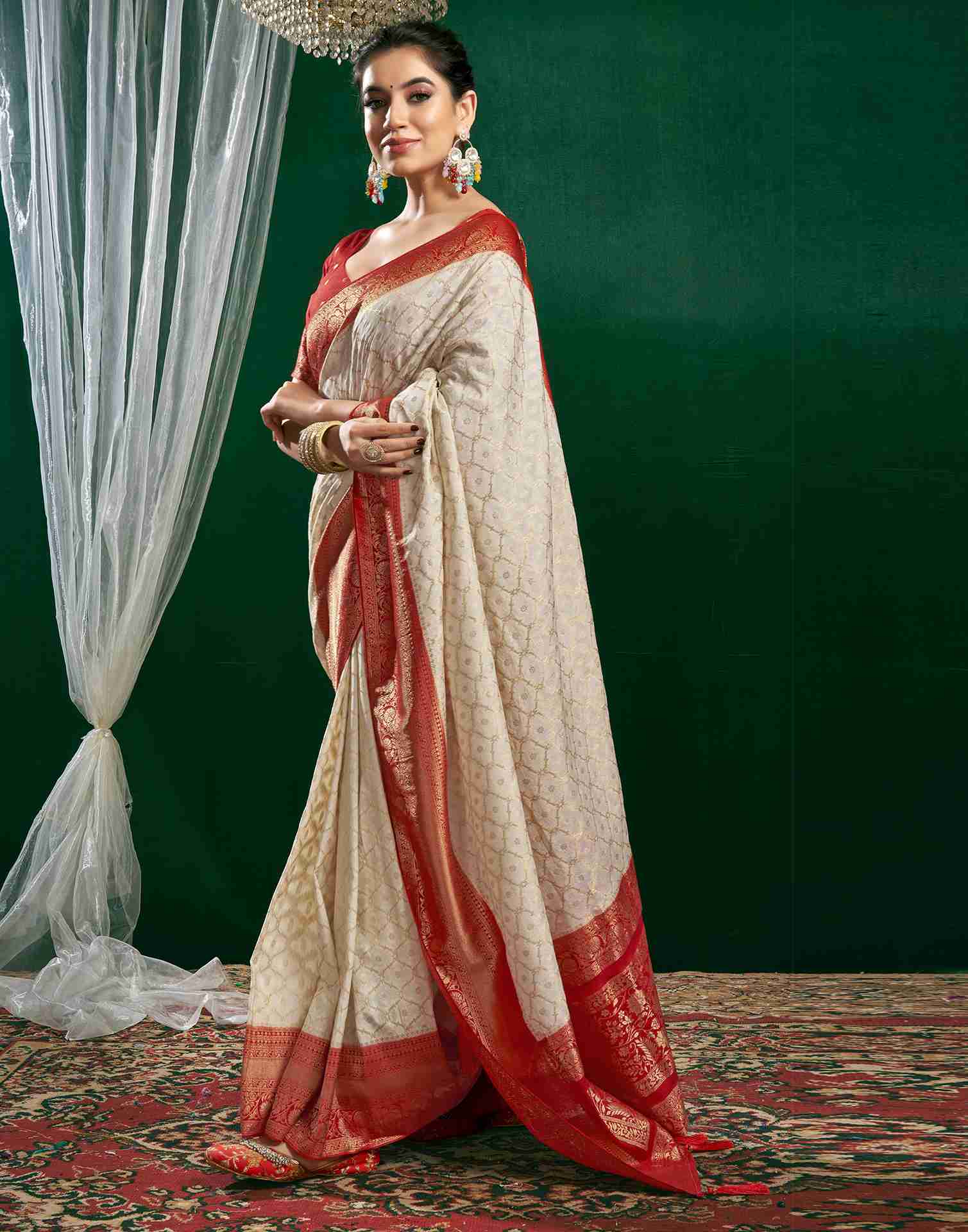 Cream Georgette Woven Banarasi Saree