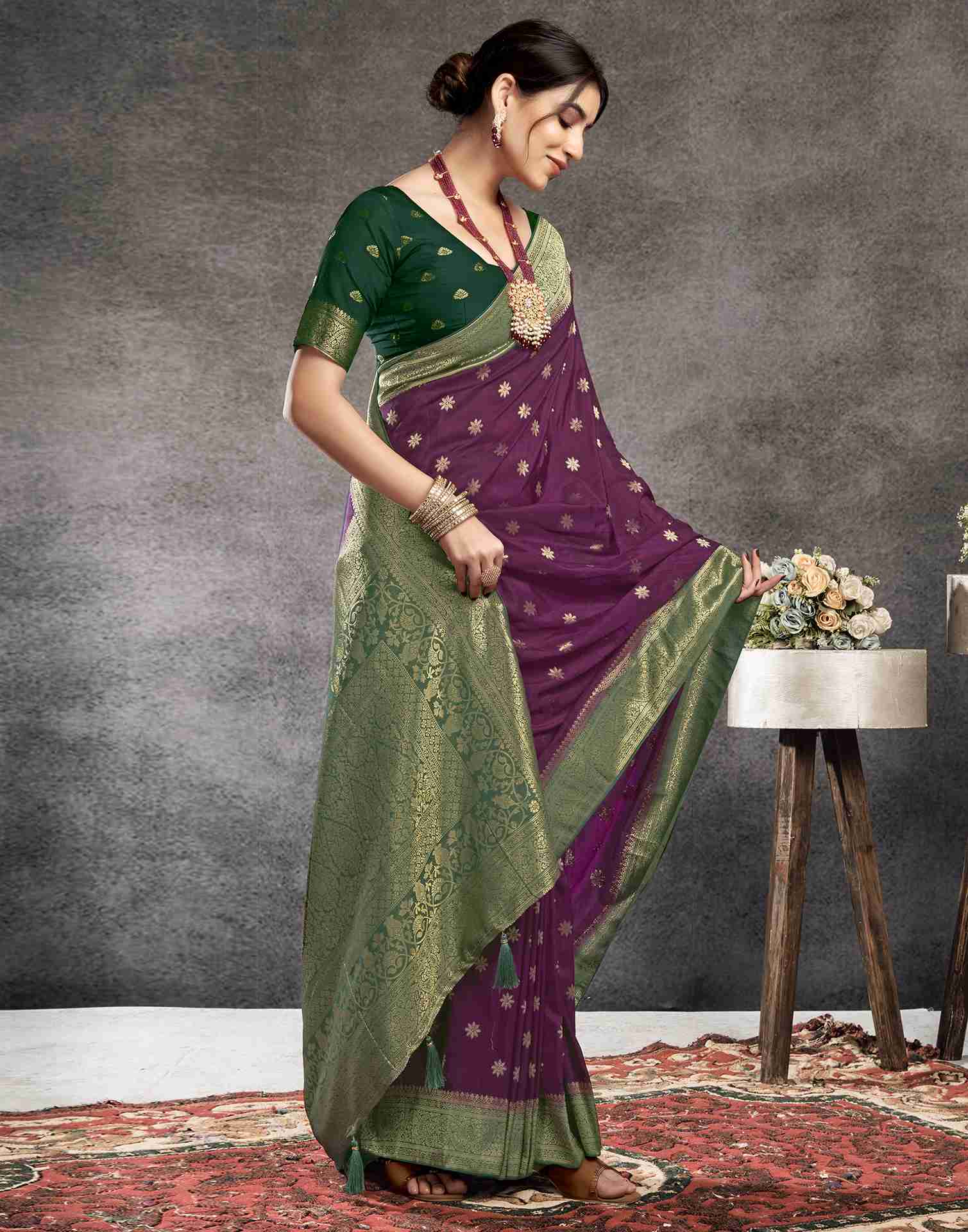 Wine Georgette Woven Banarasi Saree