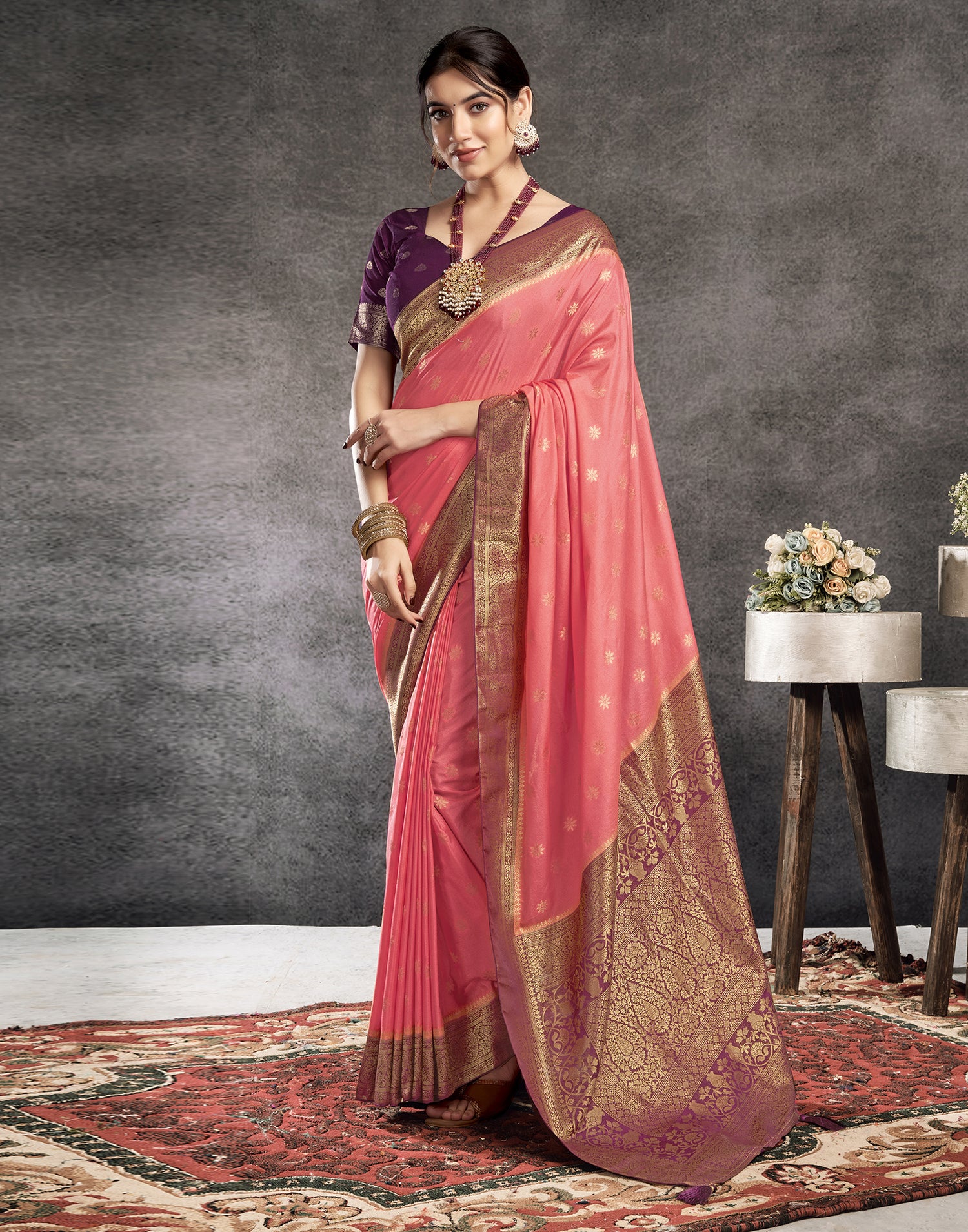 Coral Pink Georgette Woven Banarasi Saree