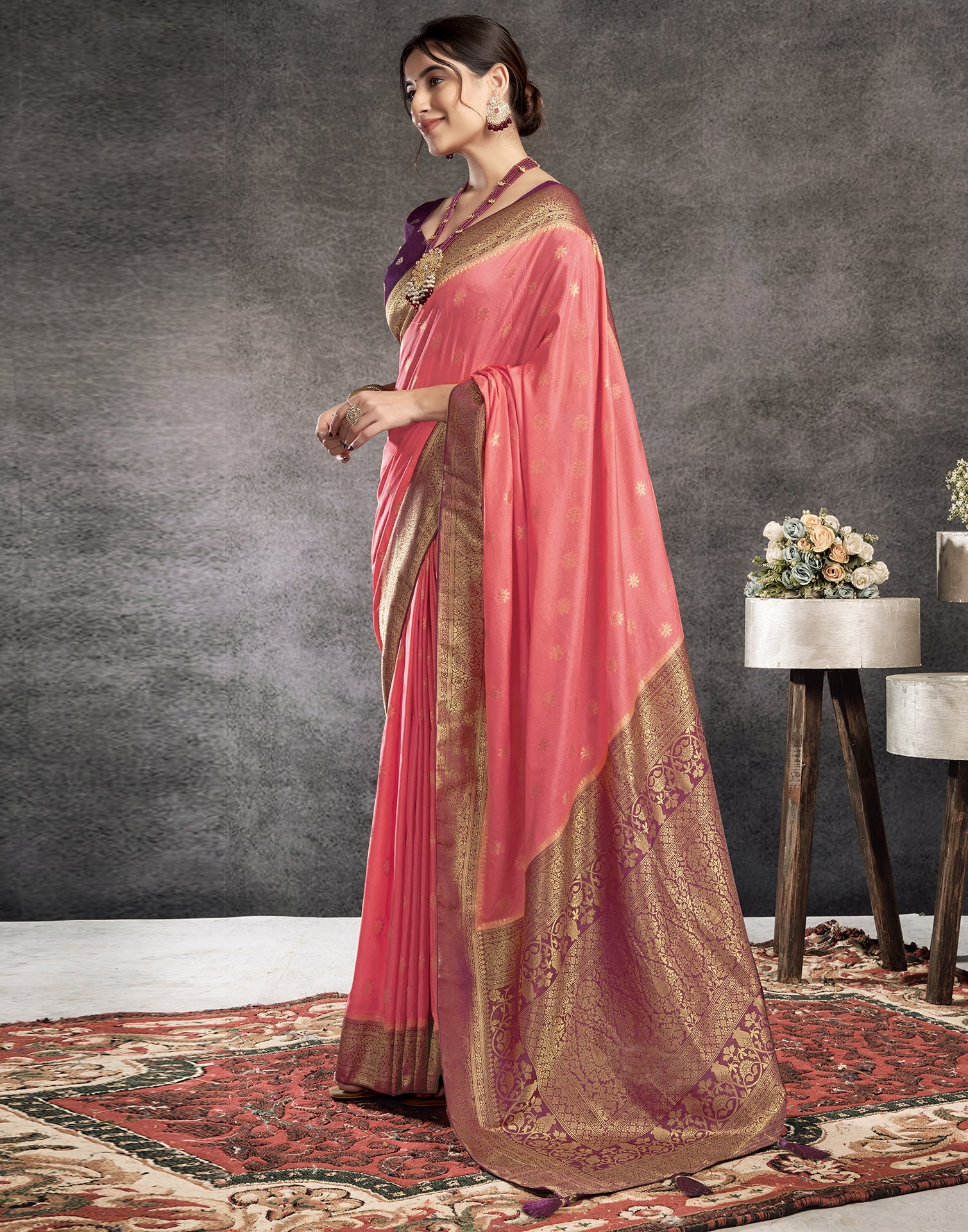 Coral Pink Georgette Woven Banarasi Saree