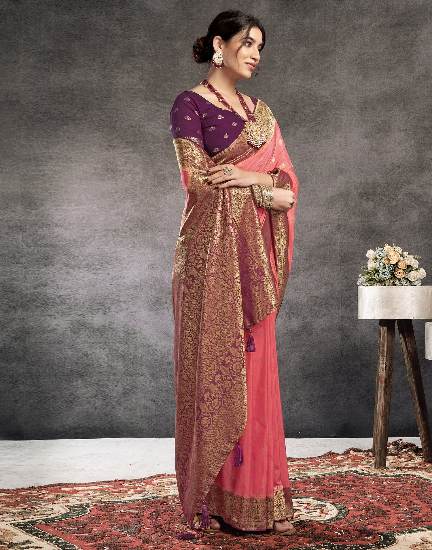 Coral Pink Georgette Woven Banarasi Saree