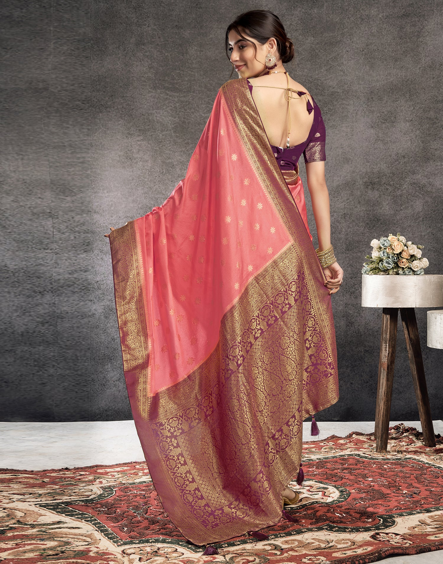 Coral Pink Georgette Woven Banarasi Saree