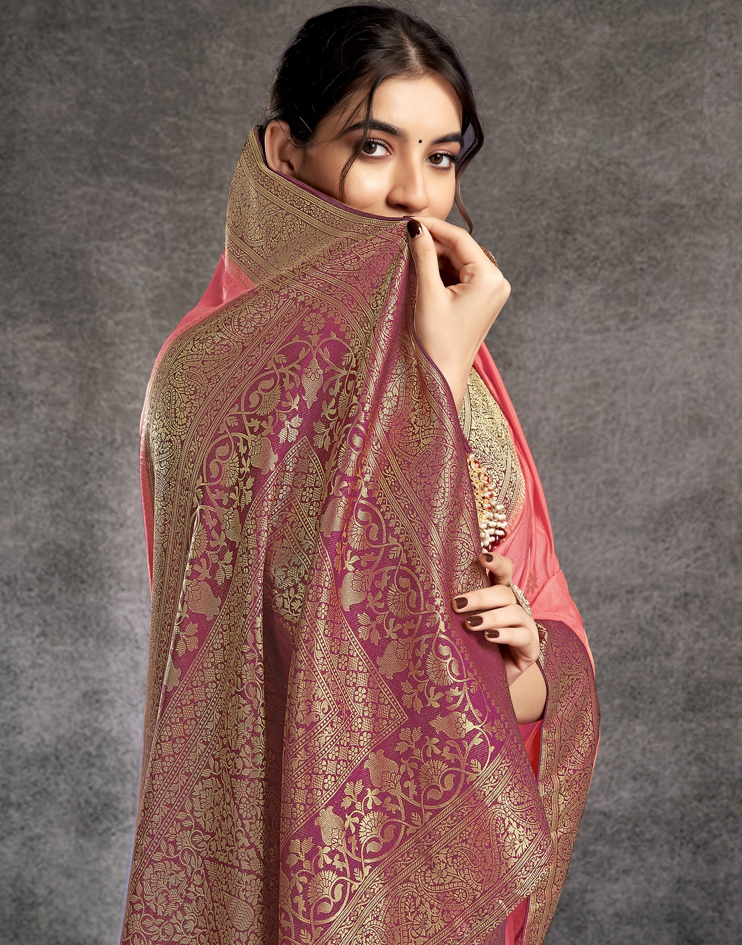 Coral Pink Georgette Woven Banarasi Saree