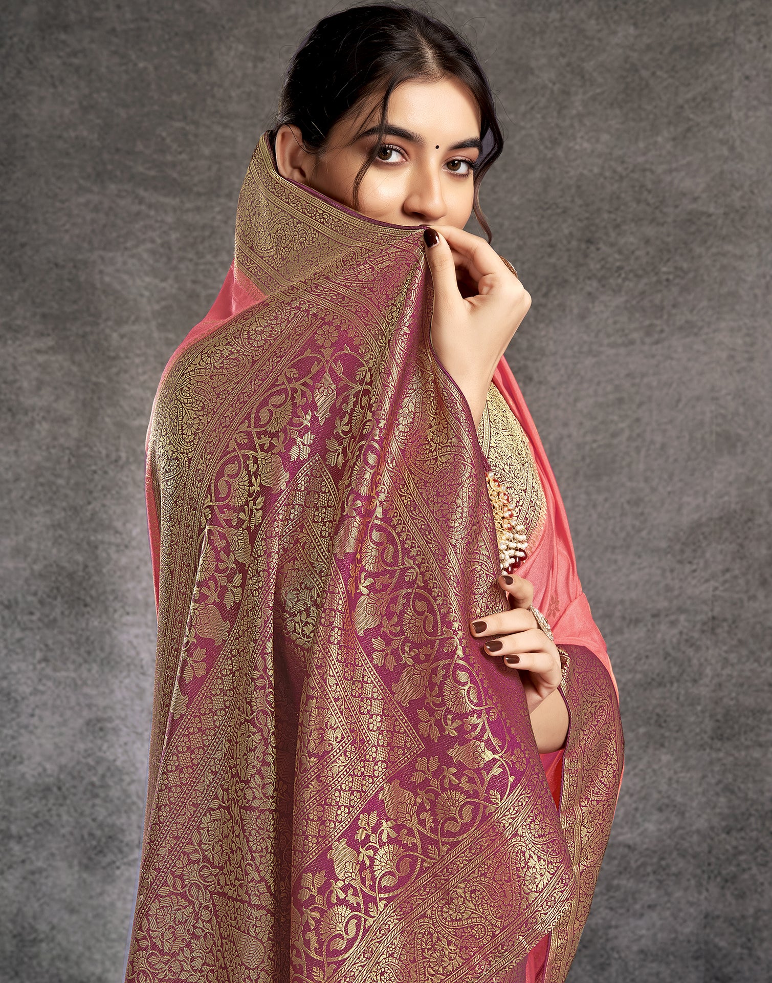 Coral Pink Georgette Woven Banarasi Saree