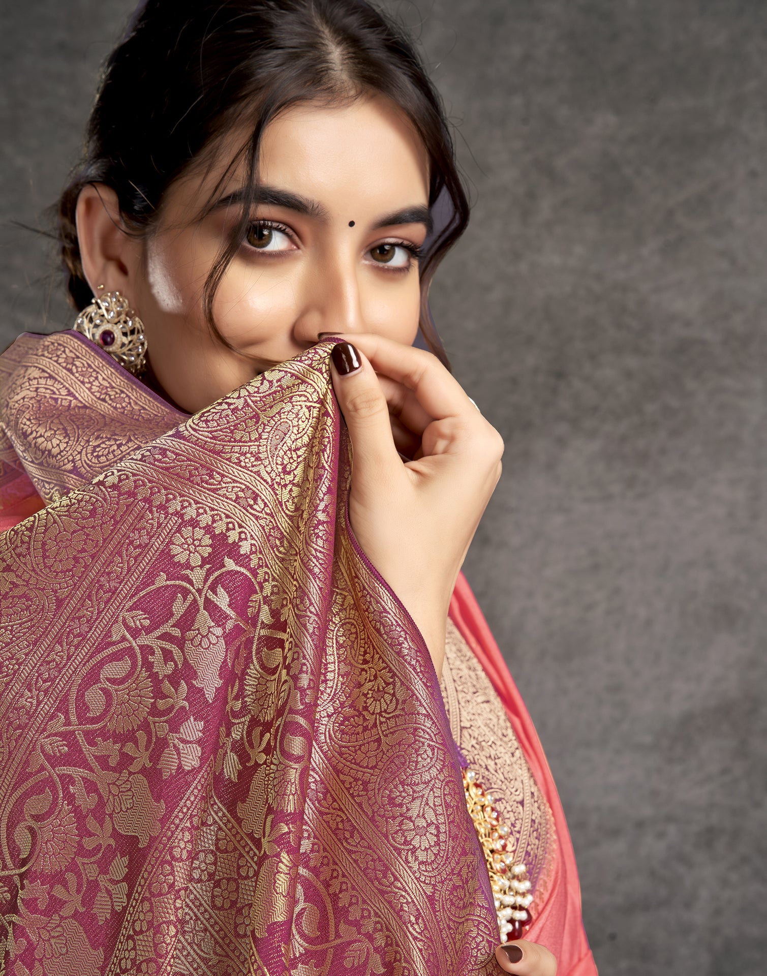 Coral Pink Georgette Woven Banarasi Saree