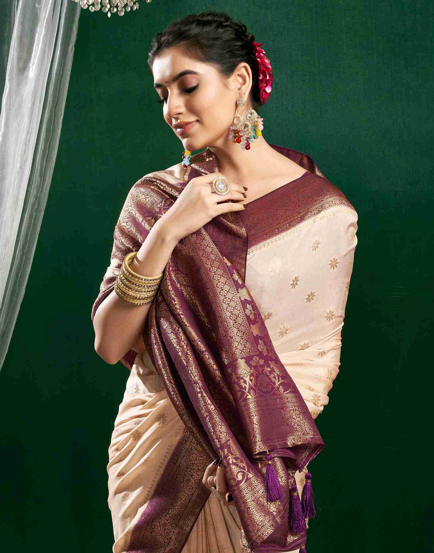 Cream Georgette Woven Banarasi Saree