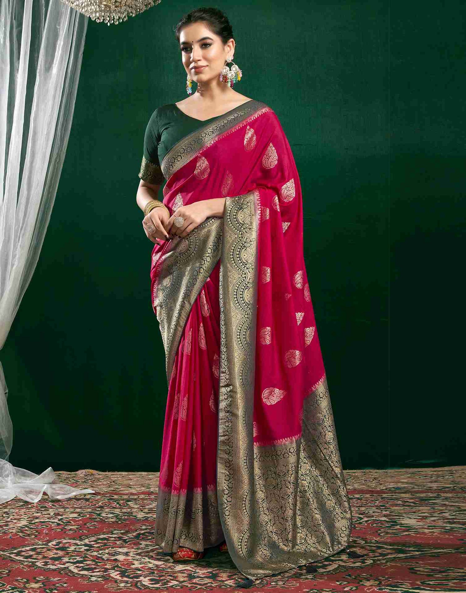 Dark Rani Pink Georgette Woven Banarasi Saree