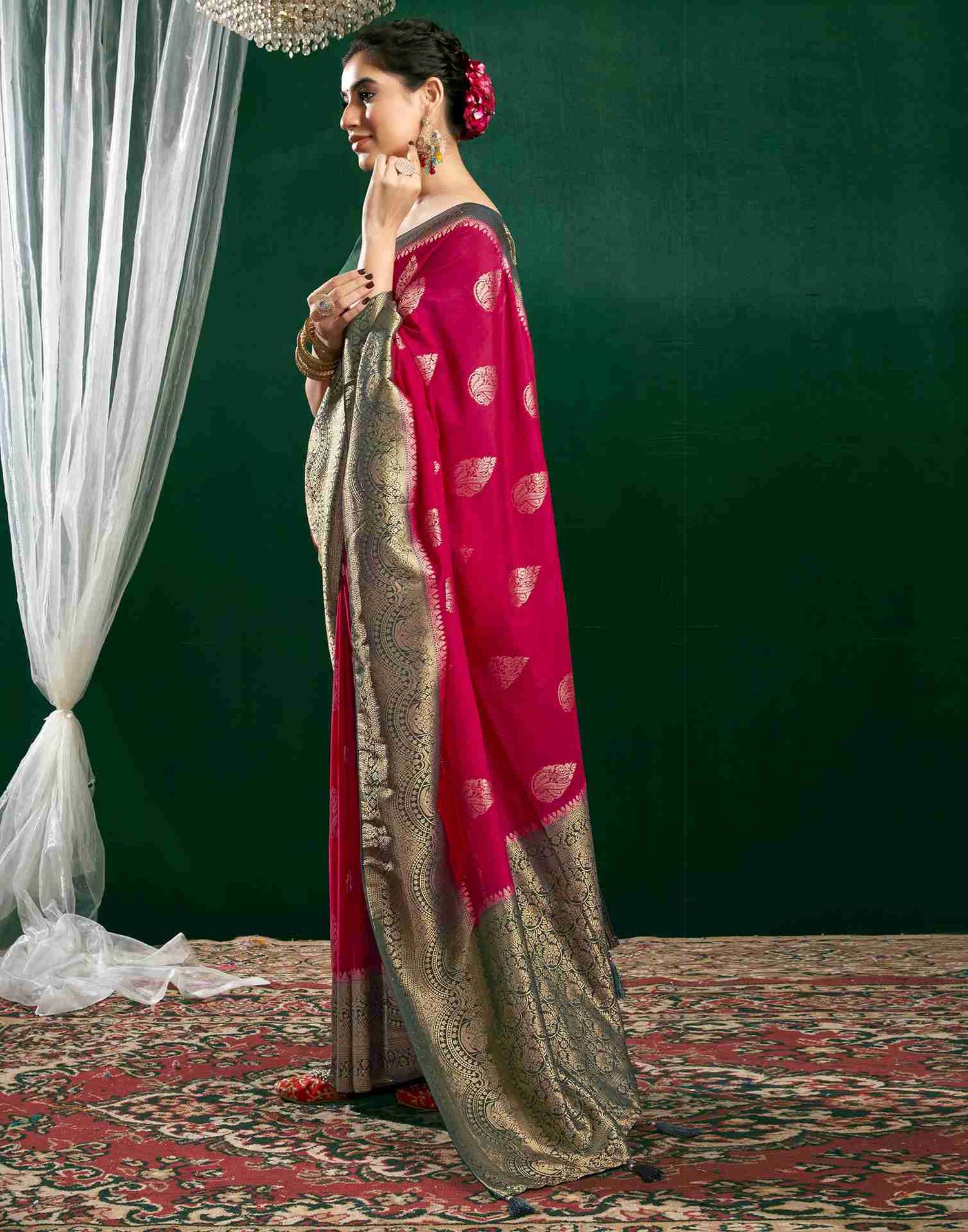 Dark Rani Pink Georgette Woven Banarasi Saree