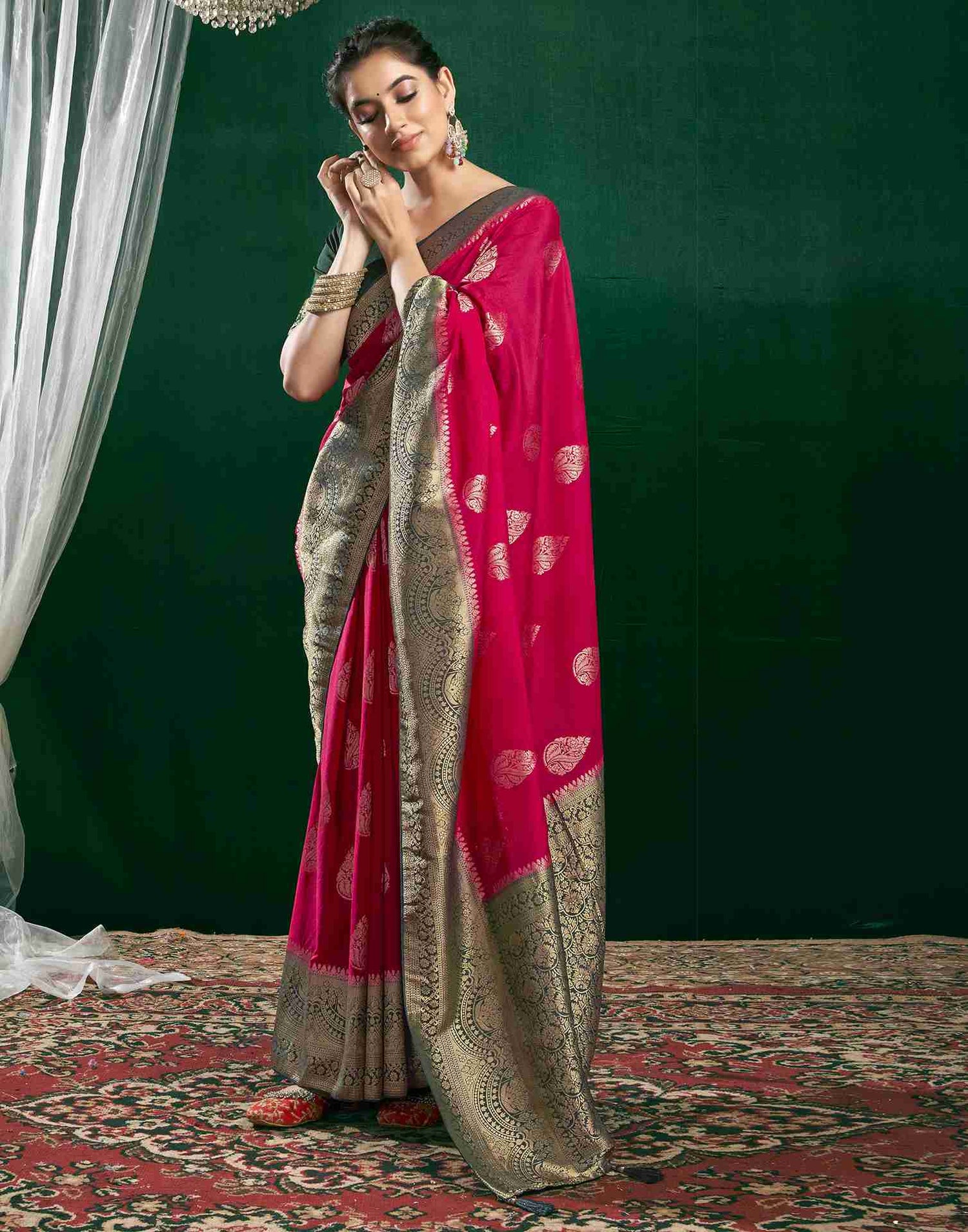 Dark Rani Pink Georgette Woven Banarasi Saree