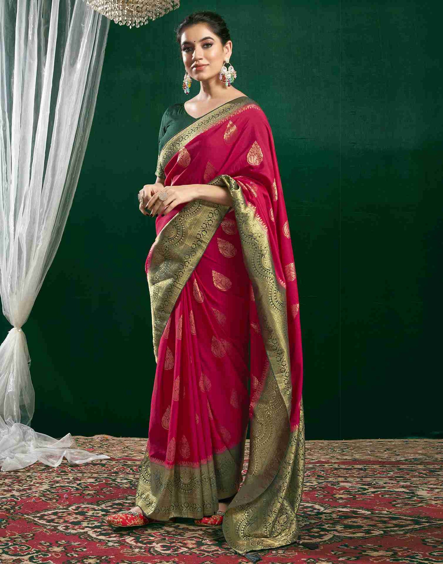 Dark Rani Pink Georgette Woven Banarasi Saree