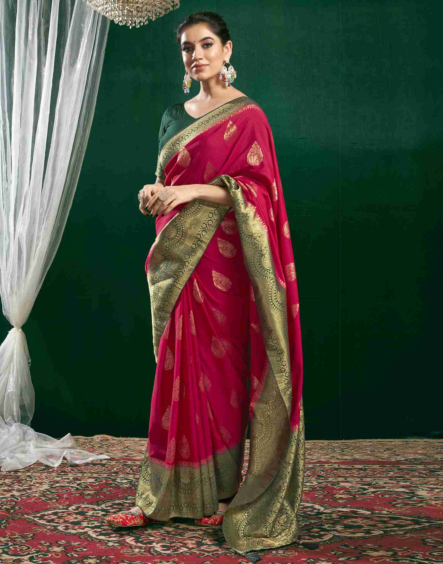 Dark Rani Pink Georgette Woven Banarasi Saree