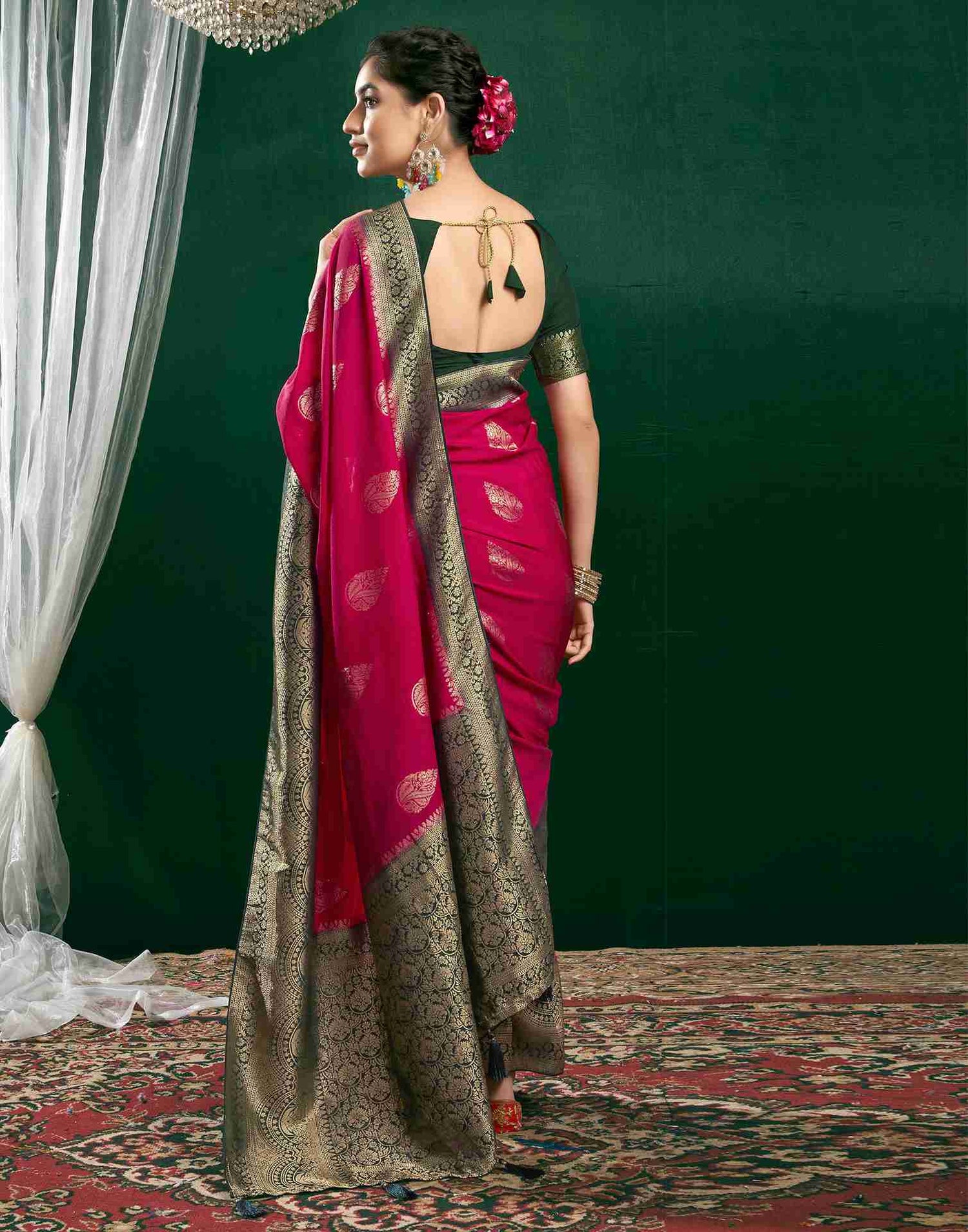 Dark Rani Pink Georgette Woven Banarasi Saree