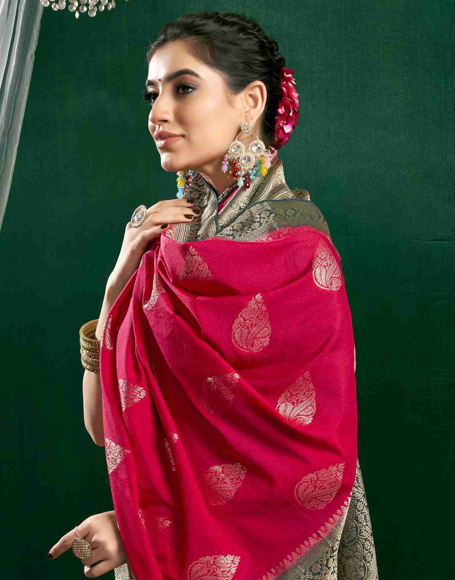 Dark Rani Pink Georgette Woven Banarasi Saree