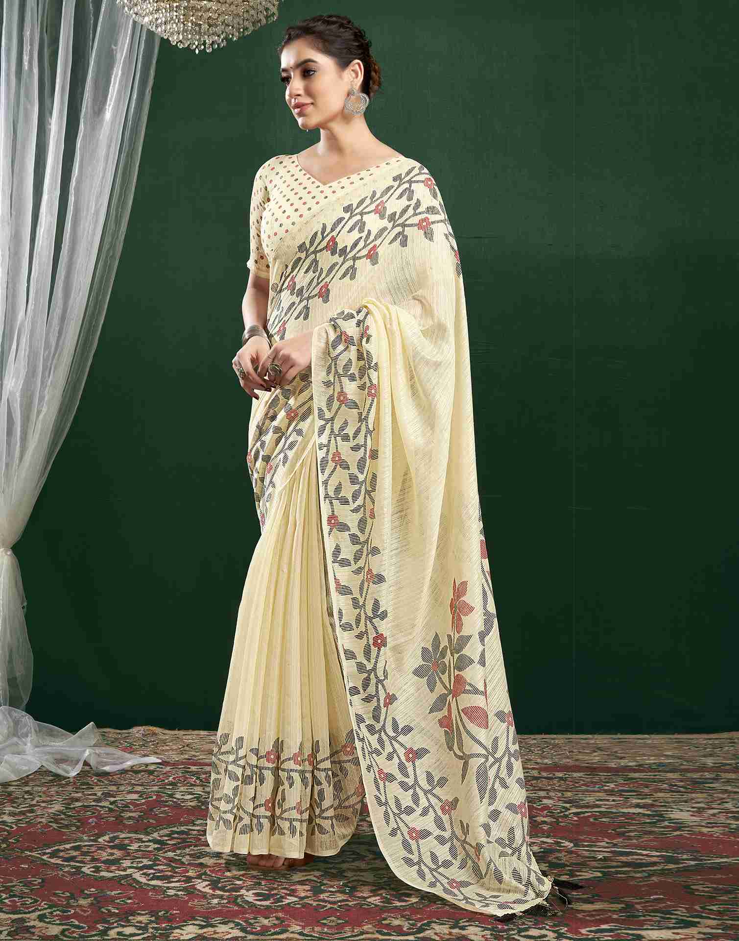 Cream Cotton Woven Printed Saree