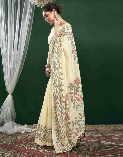 Cream Cotton Woven Printed Saree