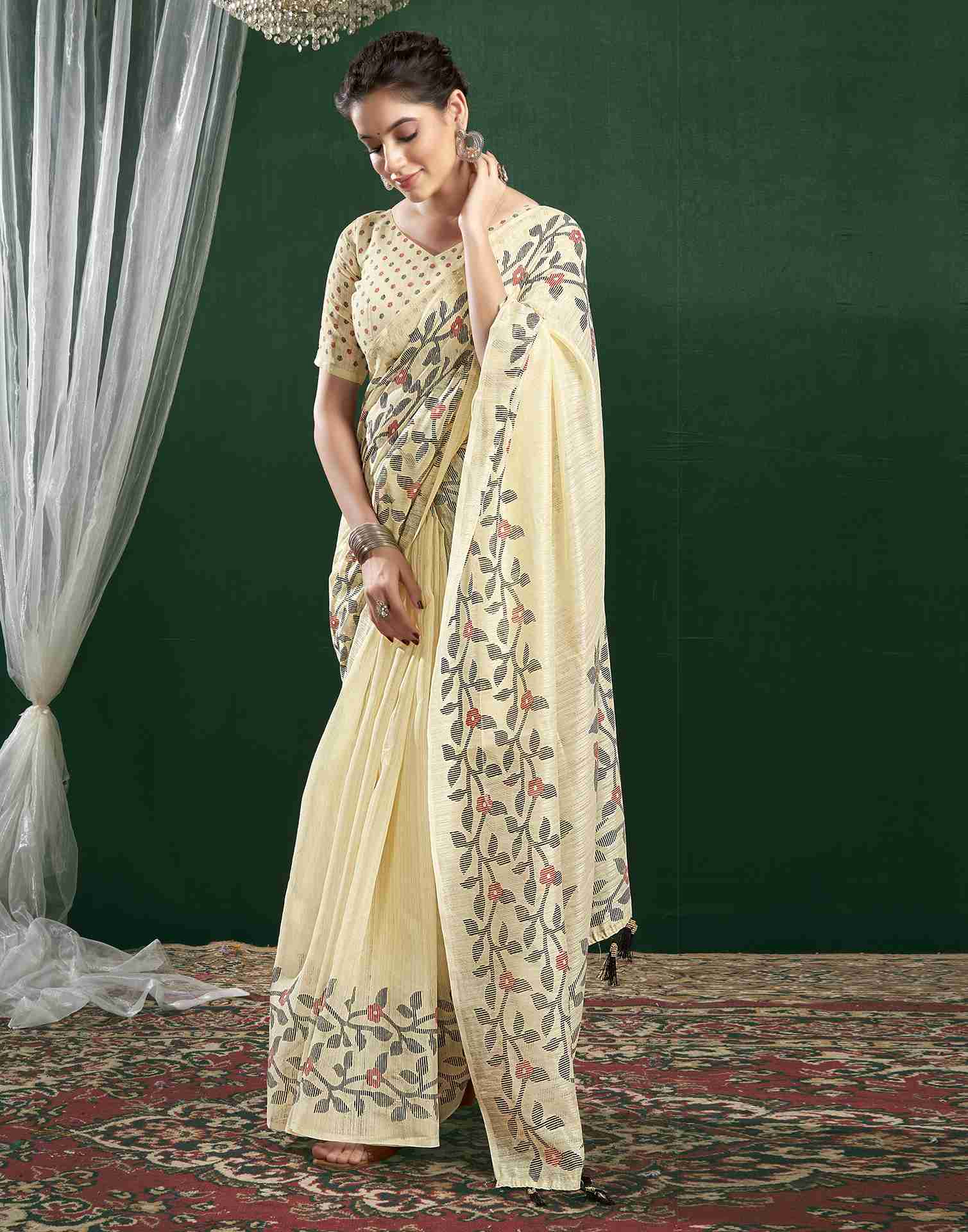 Cream Cotton Woven Printed Saree