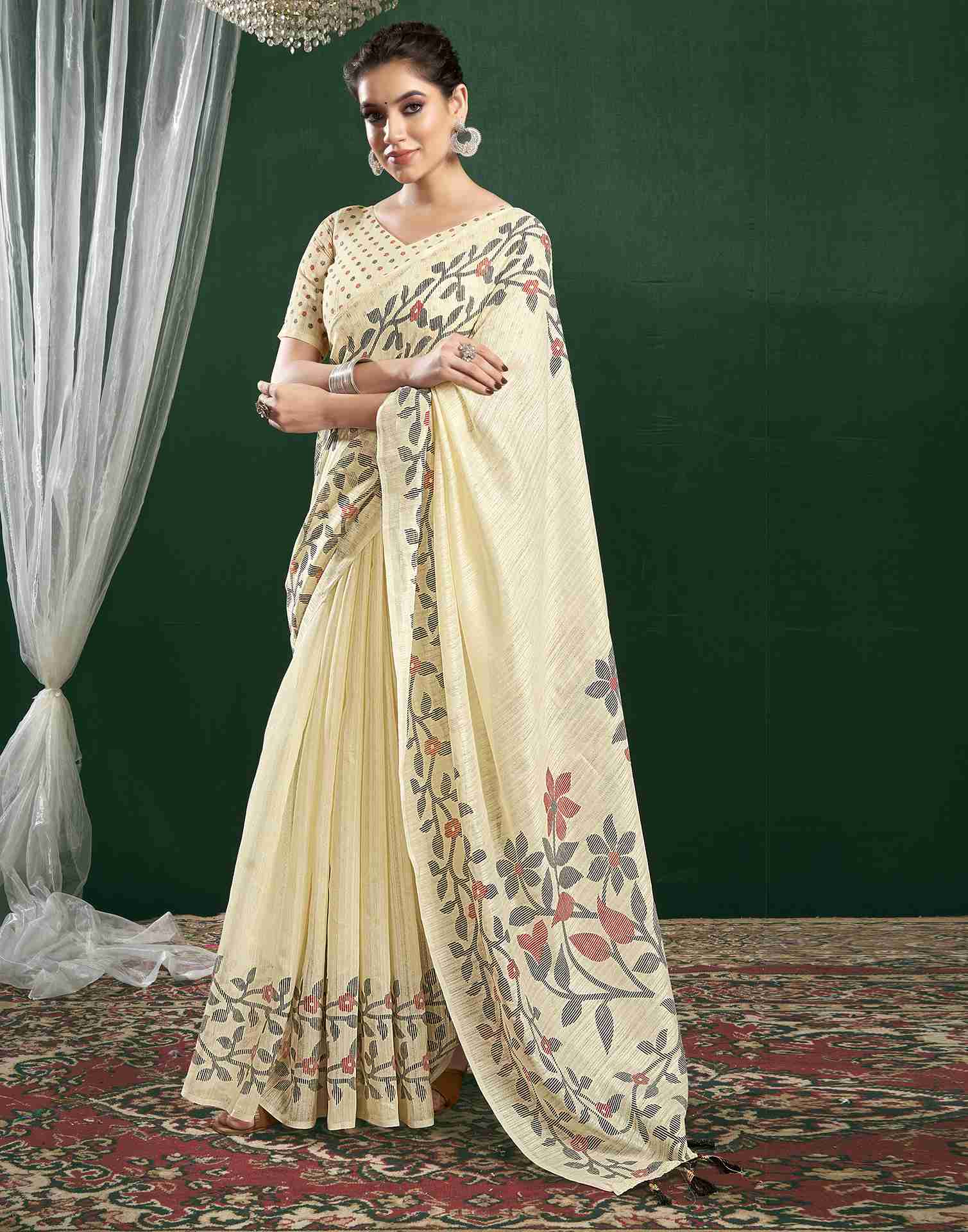 Cream Cotton Woven Printed Saree