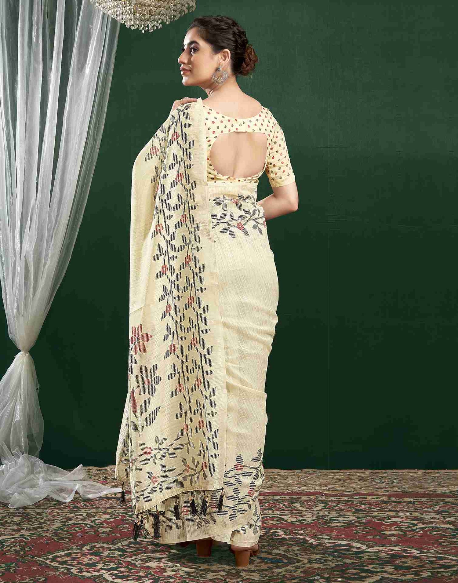 Cream Cotton Woven Printed Saree