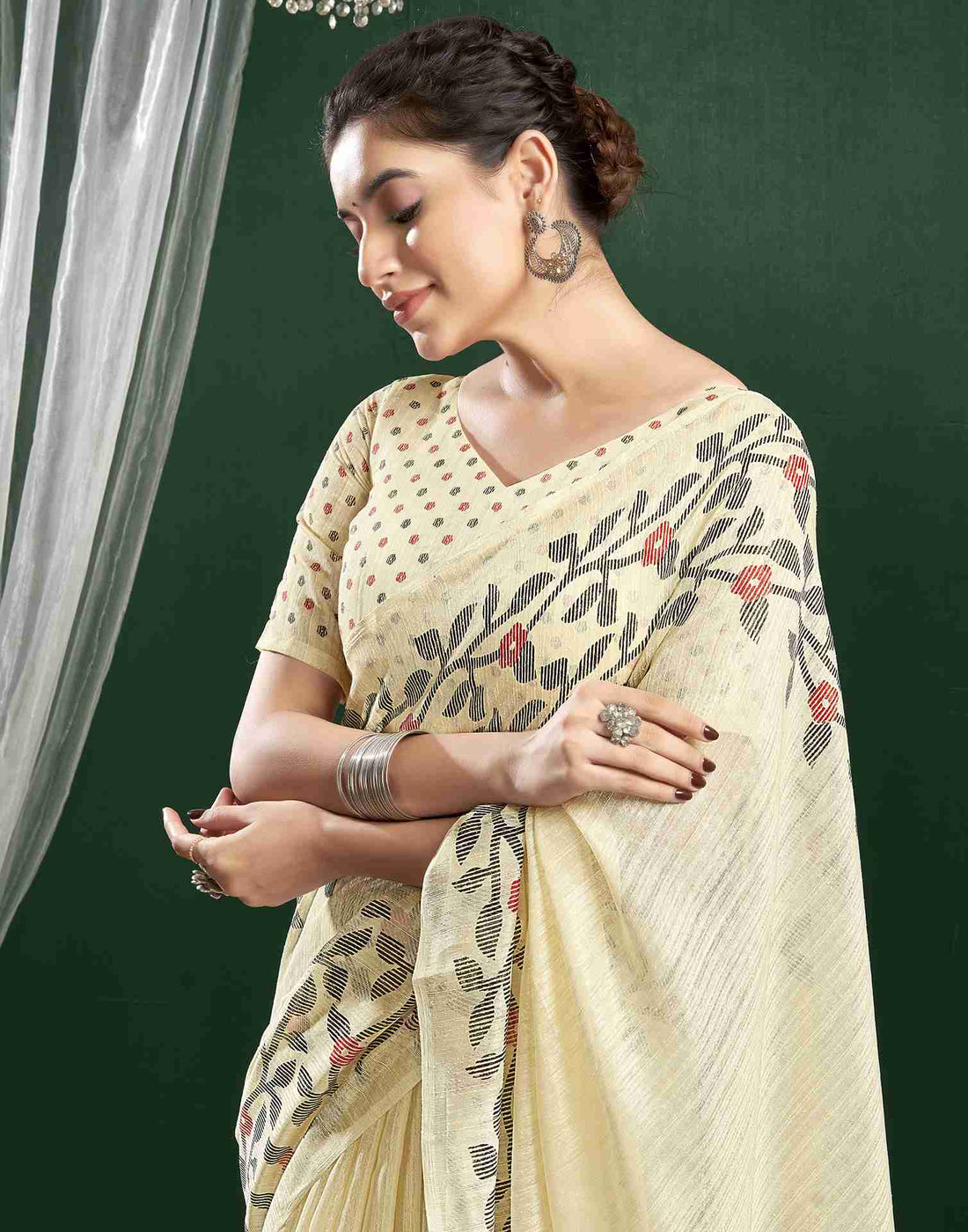 Cream Cotton Woven Printed Saree