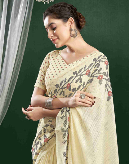 Cream Cotton Woven Printed Saree