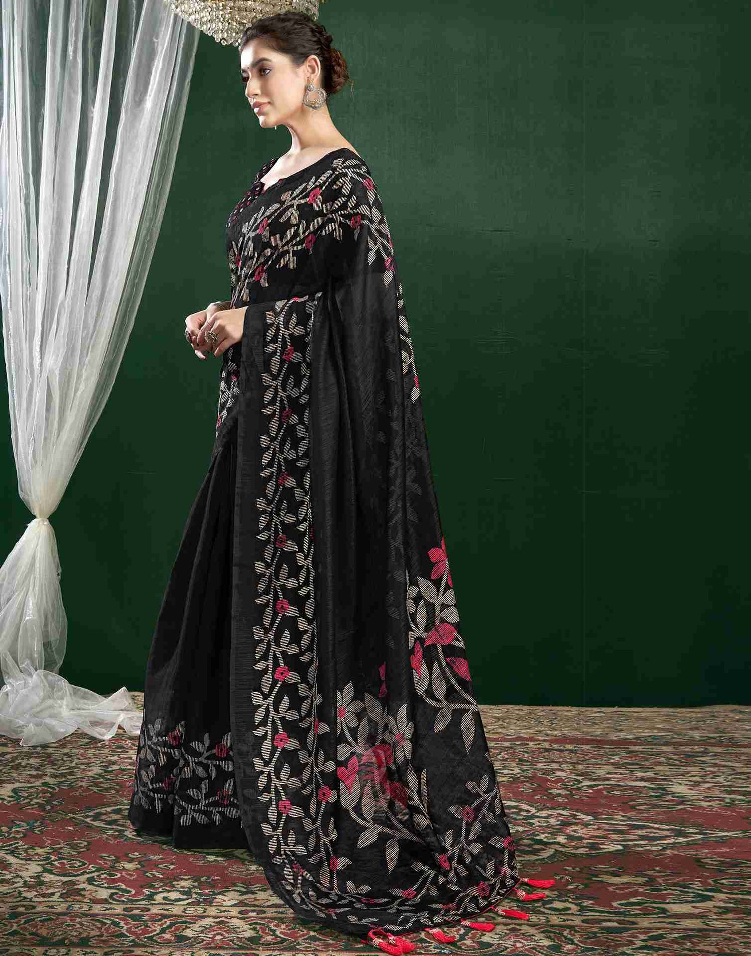 Black Cotton Woven Printed Saree