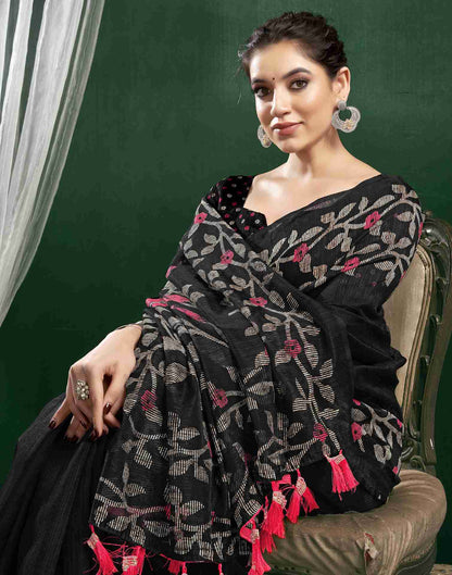 Black Cotton Woven Printed Saree