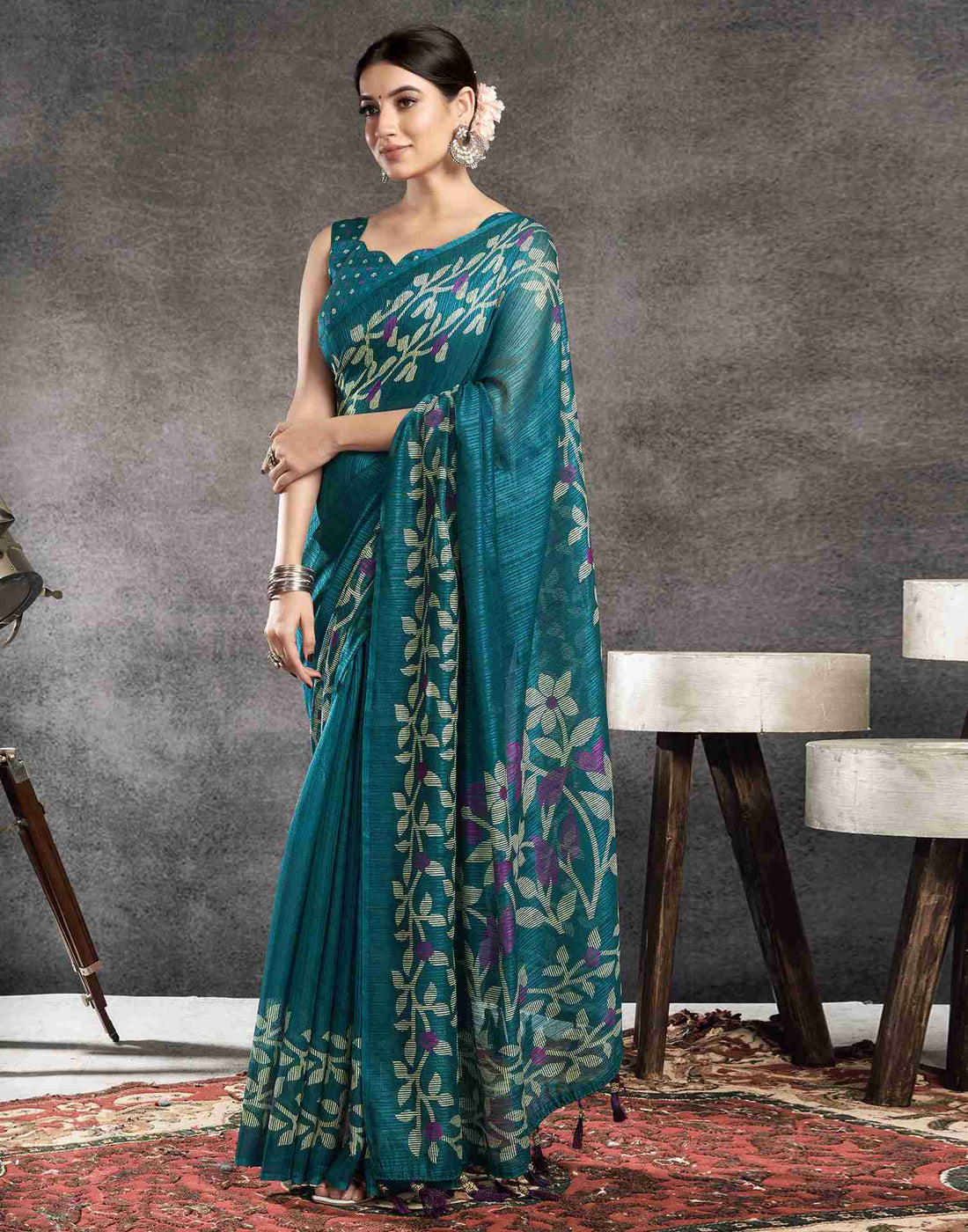 Rama Blue Cotton Woven Printed Saree