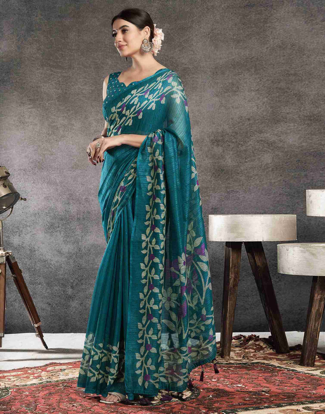 Rama Blue Cotton Woven Printed Saree