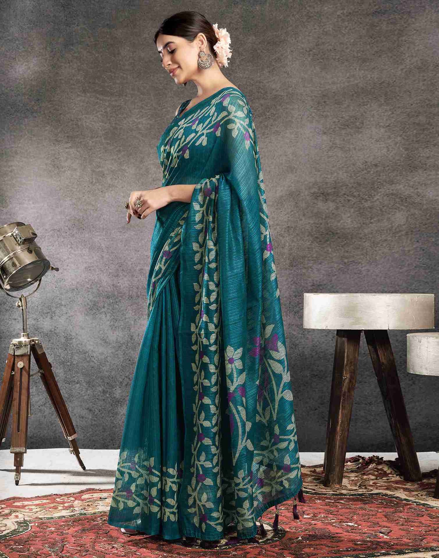 Rama Blue Cotton Woven Printed Saree