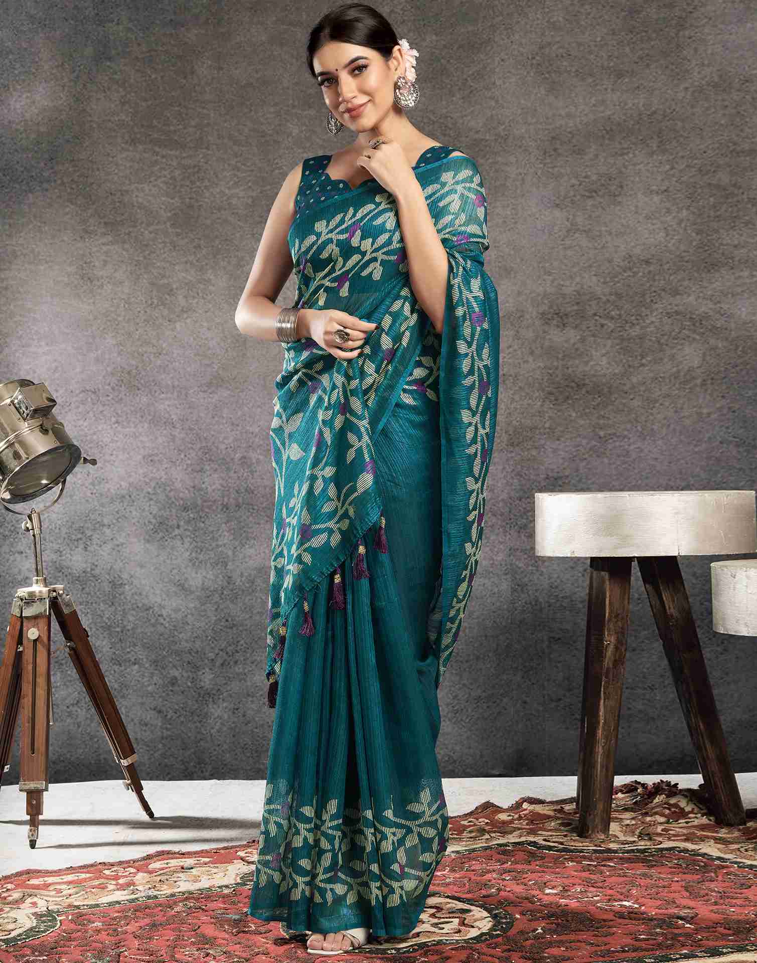 Rama Blue Cotton Woven Printed Saree